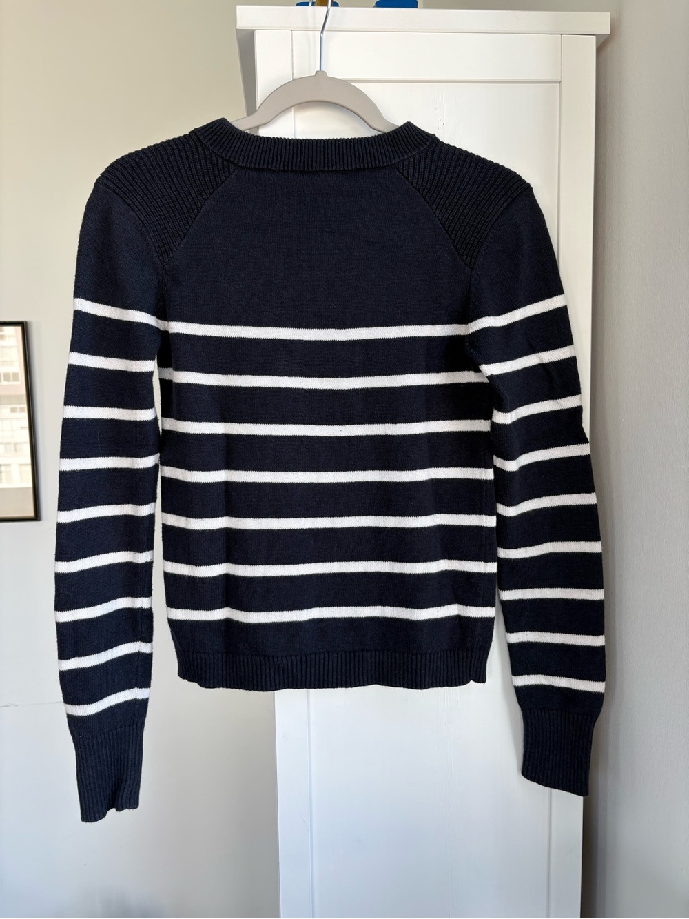 Navy White Striped Button Shoulder Sweater Size S Nautical Classic Preppy